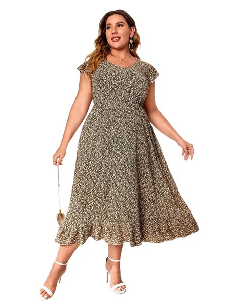 

plus ditsy floral ruffle hem dress n9xd#, Black