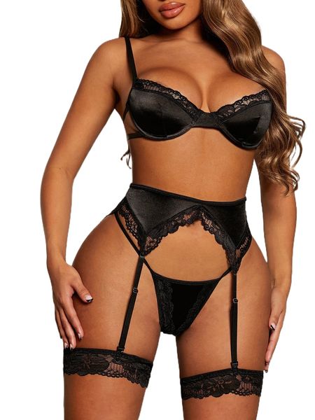

5pack contrast floral lace underwire garter lingerie set with 1pair leg ring d0kv#, Black;red