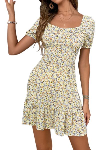 

allover floral print ruffle hem cut out tie back dress d2uy#, Black;gray