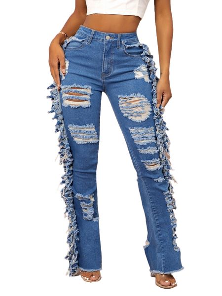 

sxy high waisted raw edge ripped jeans b4vr#, Blue