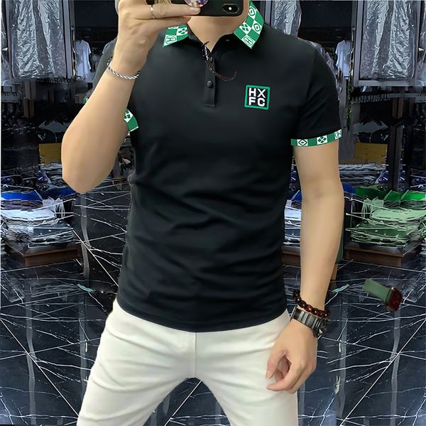 

2022 summer new men's polo shirt contrast color lapel letter embroidery design trend short sleeve slim business men thin cotton polos b, White;black