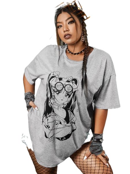 

plus figure graphic drop shoulder tee r1dz#, Black