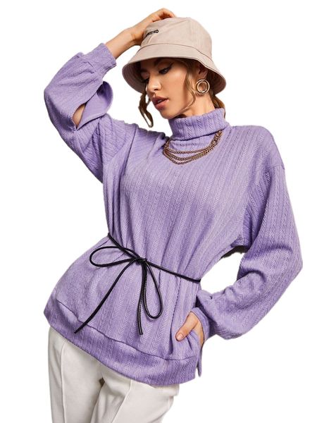 

x farah turtleneck drop shoulder split hem belted sweatshirt b8xs#, Black