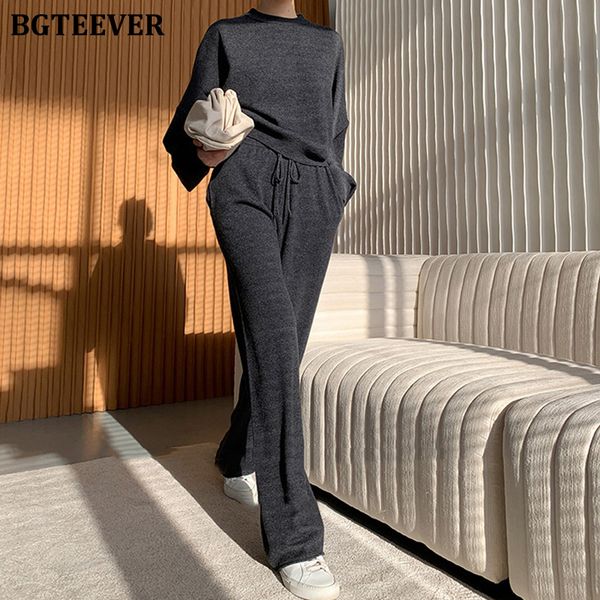 

casual loose women knitted set long sleeve sweaters jumpers &amp wide leg trousers autumn winter ladies 2 pieces set 2021, White;black