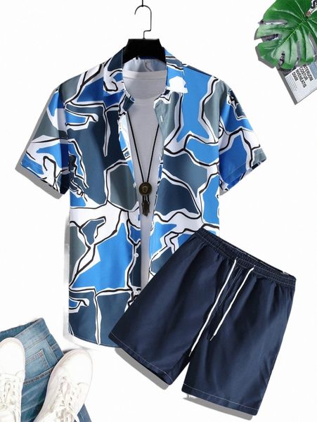 

men random allover print shirt & shorts without tee 170p#, Gray