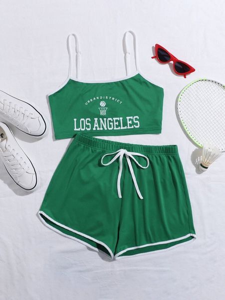 

letter graphic contrast binding crop cami & track shorts set h1tj#, White