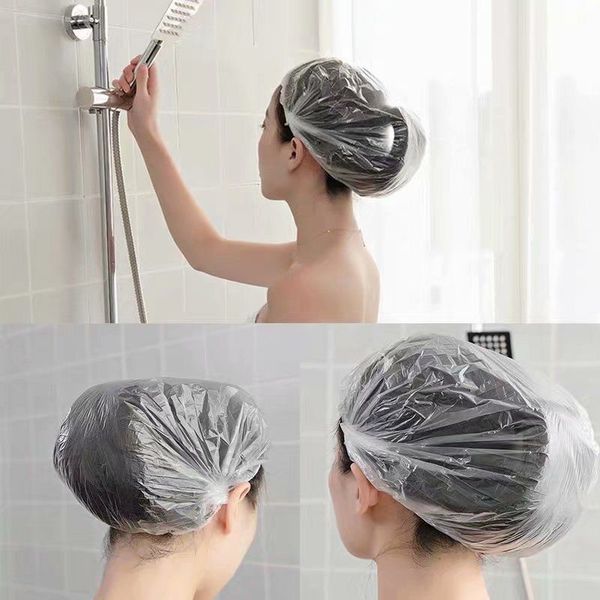 

packaging bags,100pcs disposable shower bath cap plastic waterproof woman head hair cover bathing hat plastic