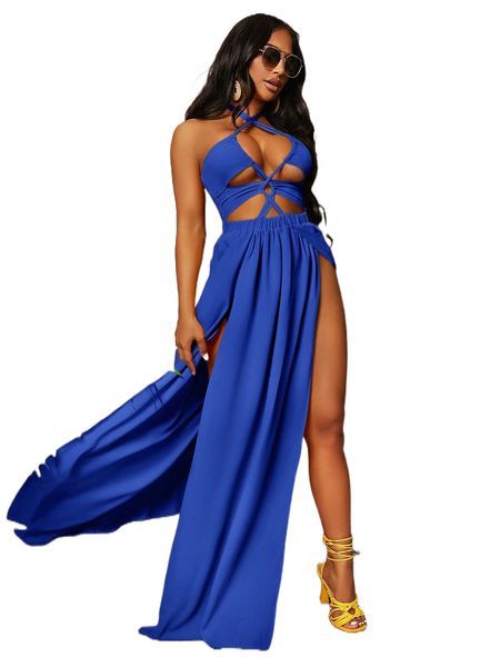 

sxy cut out shirred tie back -slit hem maxi halter dress 00r4#, Black;gray