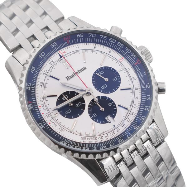 1884 Sports Mens Assista Japão VK Quartz Cronógrafo Bateria Aço Pulige de aço Luminoso Dial Branco Multifunção Menes Relógios 46mm