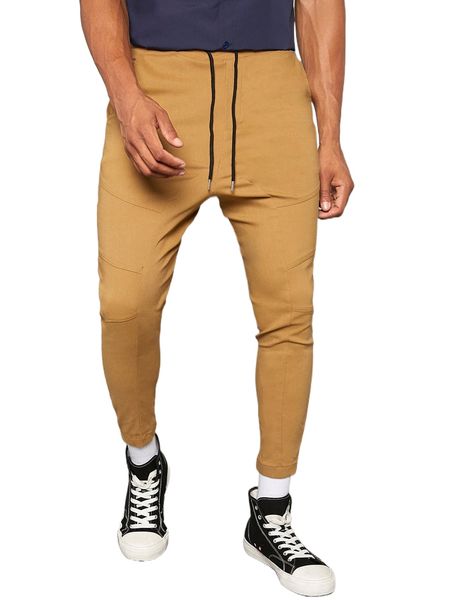 

men drawstring waist tapered pants l70i#, Black