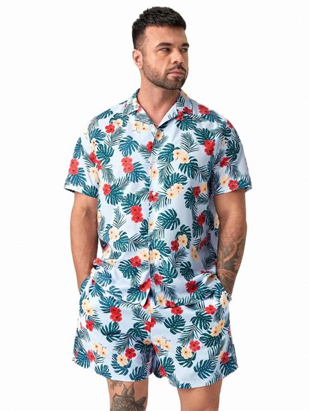 

extended sizes men tropical print shirt & shorts d95d#, Gray