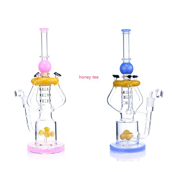 Rosa und blaue Bongs, dicke Glas-Recycler-Bong, Honigbienen-Dekoration, Glasrohre, 15 Zoll hohe Dab-Rigs-Wasserbongs mit Quarzknaller