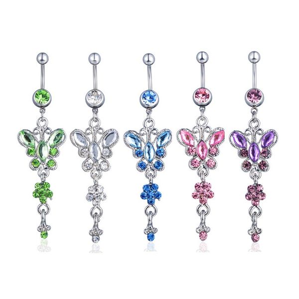 

crystal butterfly belly button ring belly piercing ombligo oreja steel long dangle navel rings body jewelry, Silver