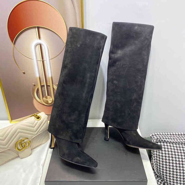 

boots women's nubuck high boots high-heeled winter shoes square head, Black