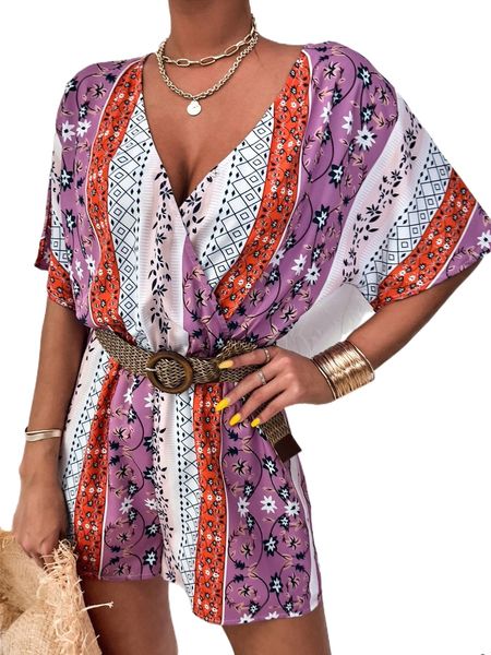 

geo and floral print surplice neck romper without belt b3tf#, Black;white