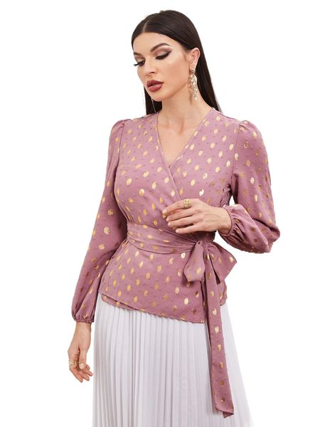 

swiss dot gold print lantern sleeve belted blouse t8x7#, White