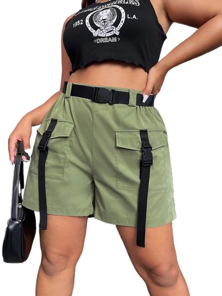 

plus buckled detail flap pocket belted shorts a0sb#, Black