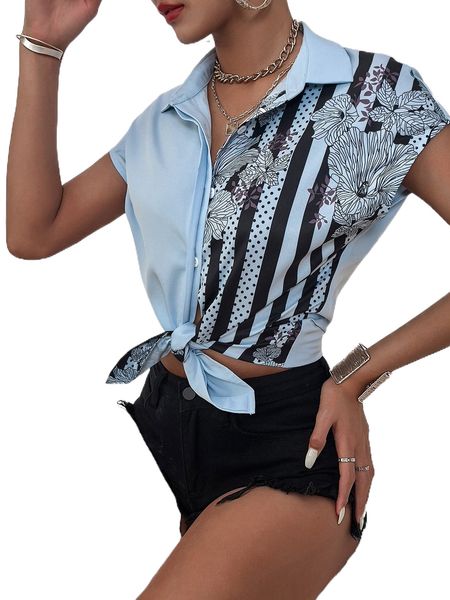 

polka dot & floral print blouse z7g7#, White