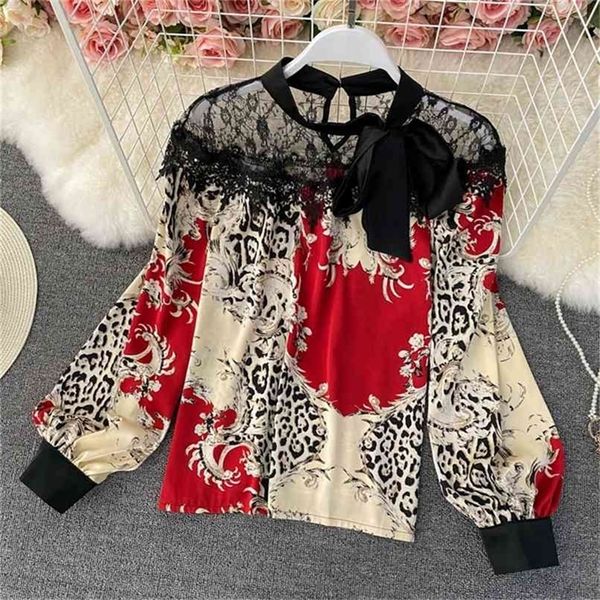 

lantern sleeve chiffon shirt women's spring korean temperament ol see though lace patchwork printted shirts blouse 210602, White