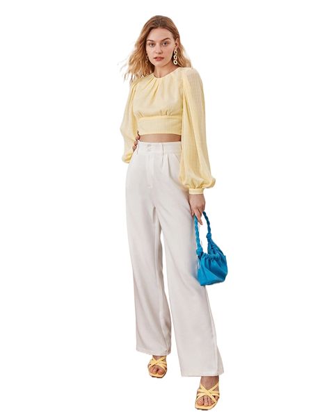 

lantern sleeve pleated detail crop blouse b9xp#, White