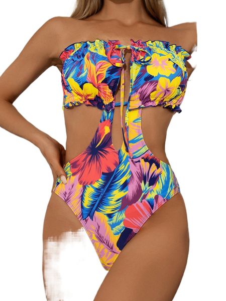 

floral print cut out tie back bandeau one piece swimsuit z7ic#, White;black