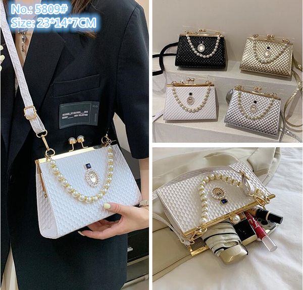 

wholesale factory ladies shoulder bags 4 colors sweet beaded pearl chain bag street trend embossed hard box dinner handbag black diamond mob