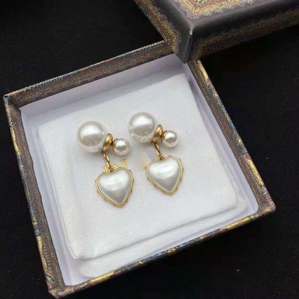 

luxury designer big pearl double sided stud earrings wedding jewelry heart letters vintage copper ear rings brand box packing, Golden;silver