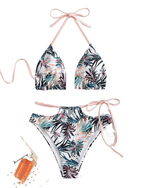 

plant print triangle tie side bikini swimsuit x3be#, White;black