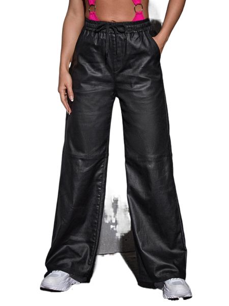

drawstring waist wide leg jeans v429#, Blue