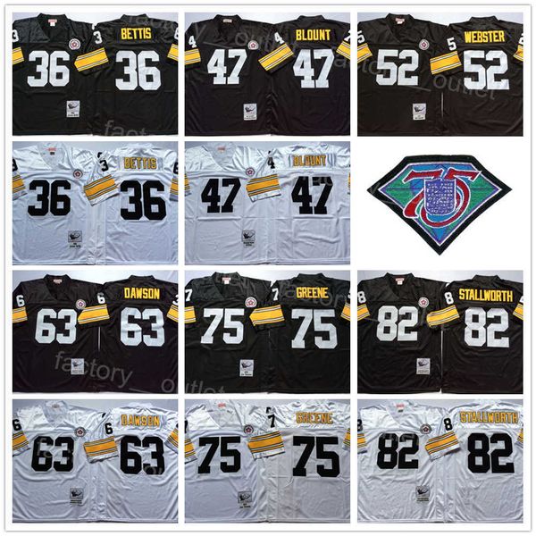 

1975 1996 throwback mitchell and ness 75th football 36 jerome bettis jerseys 47 mel blount 52 mike webster 63 dermontti dawson 75 joe greene, Black;red