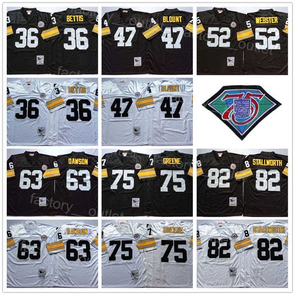 1975 1996 Retrocesso Mitchell e Ness 75º Futebol 36 Jerome Bettis Jerseys 47 Mel Blount 52 Mike Webster 63 Dermontti Dawson 75 Joe Greene 82 John Stallworth ncaa