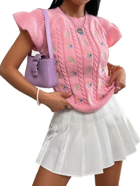 

leaf & floral embroidery ruffle sleeve knit z4v8#, White;black