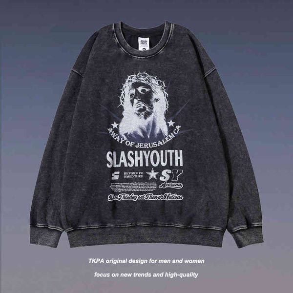 

tkpa high street dark wind old print long sleeve trendy hip hop oversize street loose sweater men, Black