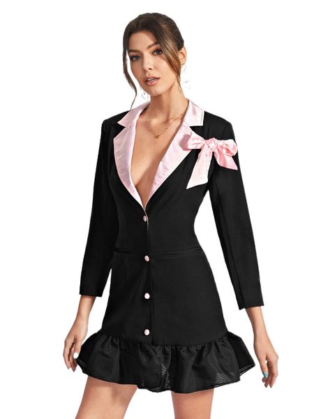 

x trang duong contrast lapel neck bow front ruffle hem blazer dress k6sv#, White