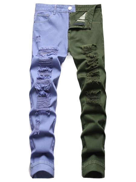 

men two tone ripped jeans 49se#, Blue