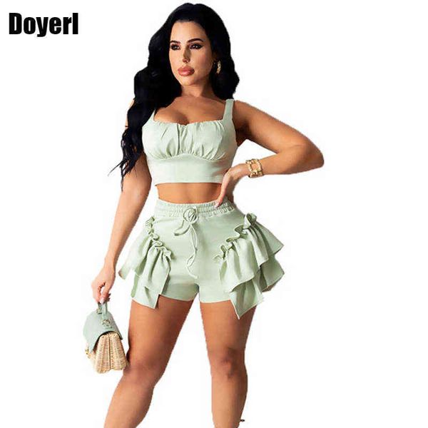 

summer two piece set shorts sets women going out casual co ord short suits fival cloing ruffle 2 piece sets womens outfits h220427t220708 t2, White