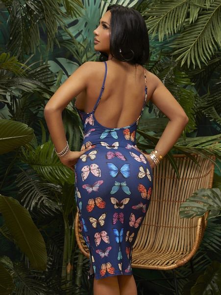 

sxy allover butterfly print backless slit hem bodycon dress x6fu#, Black;gray