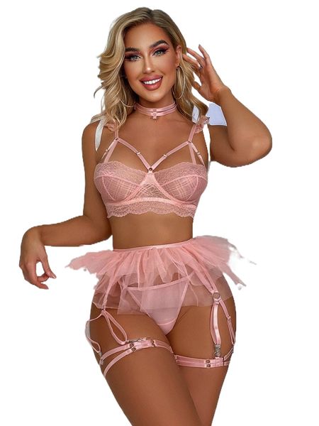 

6pack ruffle trim lace garter underwire lingerie set h2vl#, Black;red