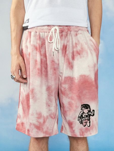 

men random tie dye astronaut print drawstring waist shorts q4hu#, White;black