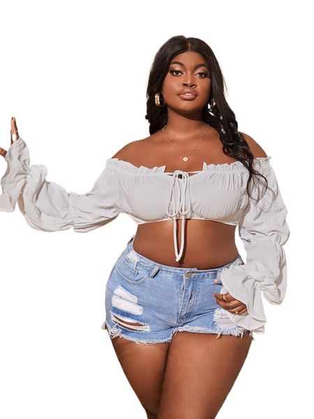 

sxy plus off shoulder flounce sleeve q5zj#, Black