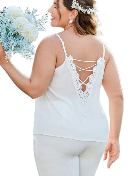 

plus guipure lace trim crisscross cami 90j9#, Black