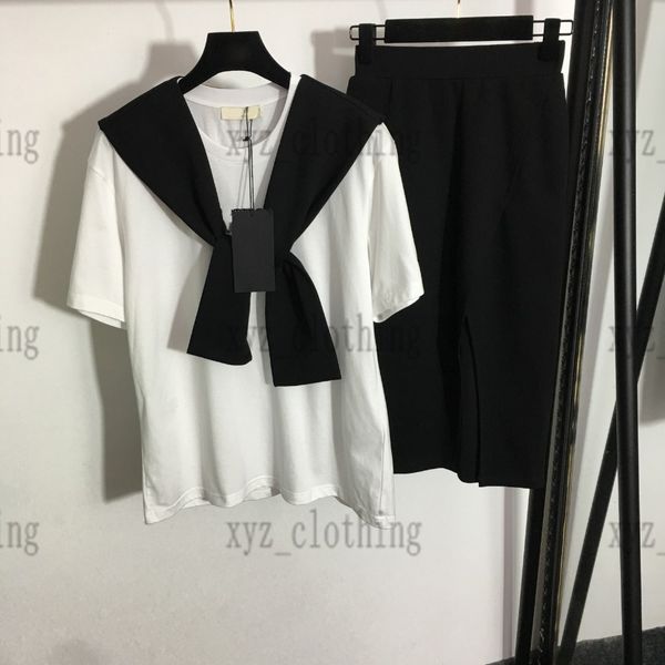 

black womens dress sets embroidery t shirts high-end shawl +high waist slit elegant skirt 3 pieces sets 2022ss ladies luxury summer dresses, Black;gray