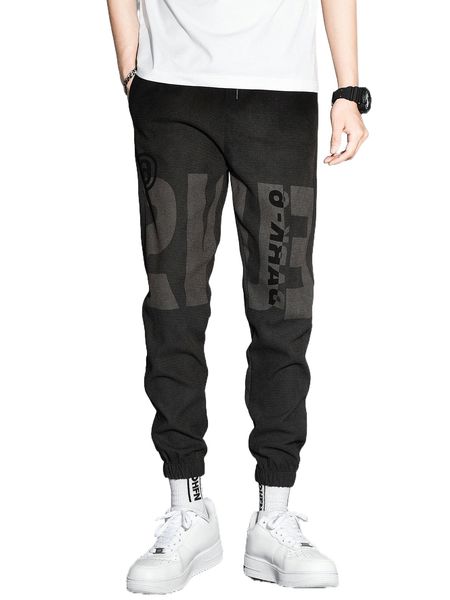 

men letter graphic drawstring waist tapered pants r9rg#, Black