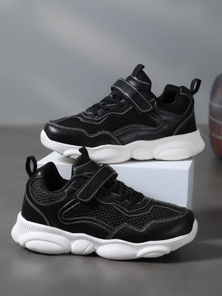 

boys mesh panel hook-and-loop fastener strap sneakers she01, Black
