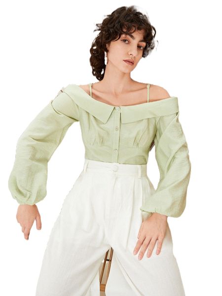 

cold shoulder lantern sleeve blouse c66j#, White