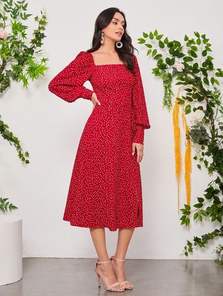 

polka dot square neck bishop sleeve dress p35x#, Black;gray