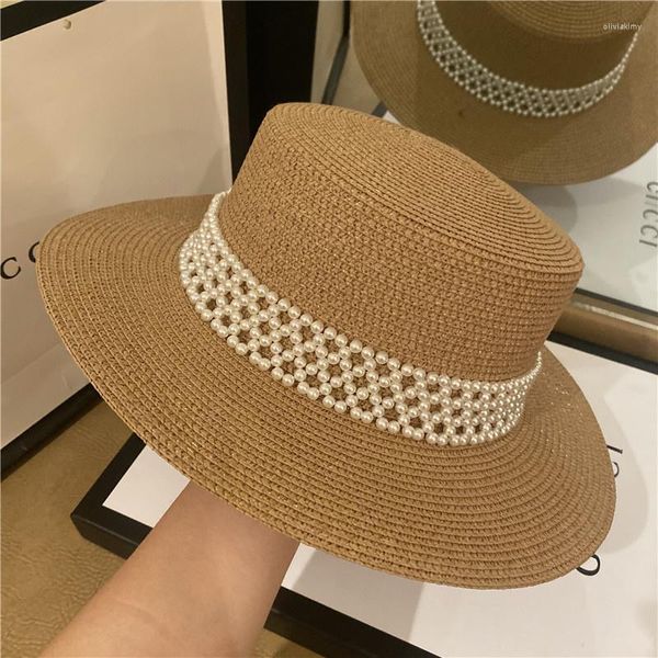 Шляпа шляпы в широких краях летняя плоская шляпа Соломенная шляпа Женщины путешествия для отдыха Sun Pearl British French Fashion Luxury Hatwide Oliv22