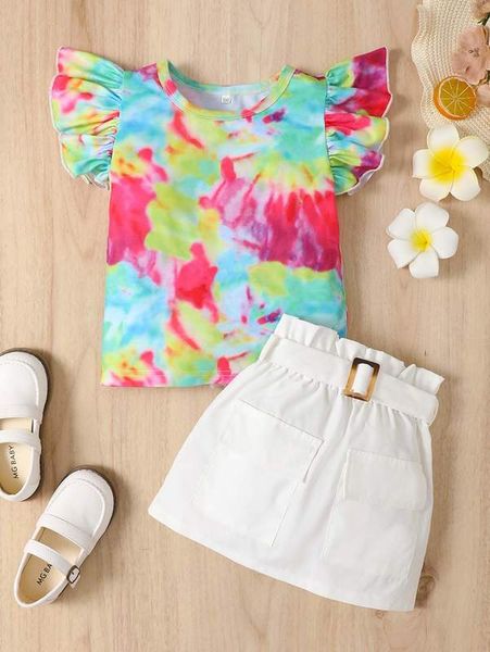 

toddler girls tie dye ruffle trimed tee & skirt she, White