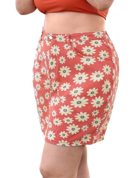 

plus floral print slant pocket denim skirt v366#, Black