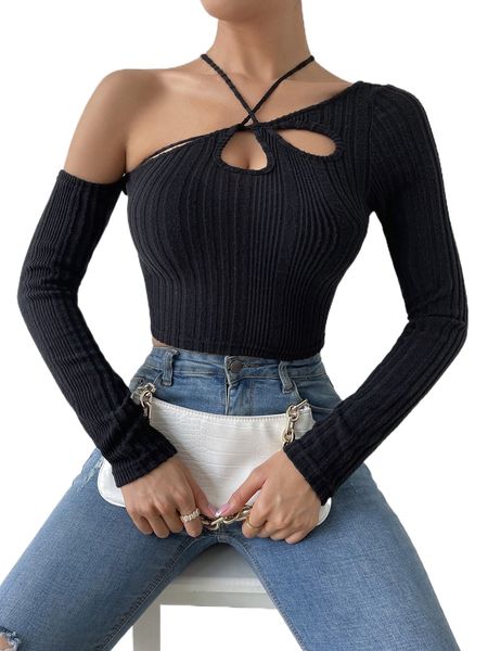 

cut out asymmetrical neck crisscross back ribbed knit tee w0mz#, White